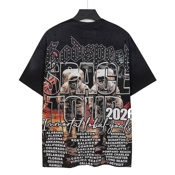 Retro Space Tour Streetwear Front Rhinestone Gothic Letter Moon Astronaut Alien Scene Print T-Shirt 2 colors 29347750