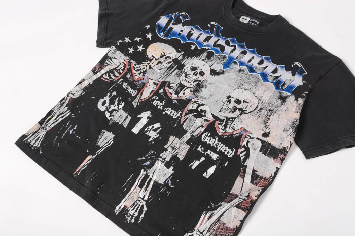 Retro Varsity Basketball Streetwear Front Skeleton Basketball Team Vintage Gothic Letter Print Back Green Outline Flame Crackle Number 14 T-Shirt 2 colors 29347777