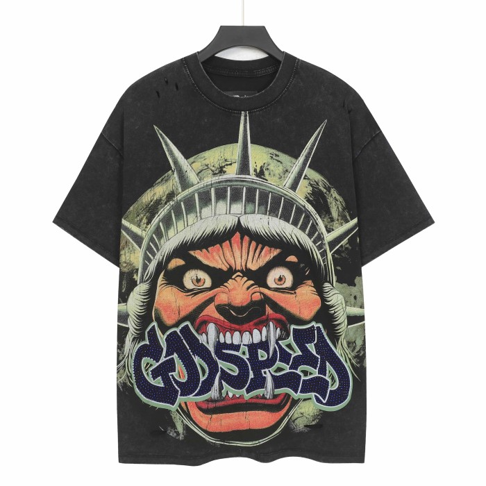 Retro Monster Liberty Streetwear Front Fierce Monster Liberty Head Gothic Graffiti Letter Print T-Shirt 2 colors 29347788