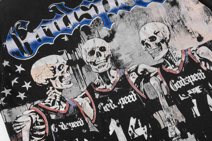 Retro Varsity Basketball Streetwear Front Skeleton Basketball Team Vintage Gothic Letter Print Back Green Outline Flame Crackle Number 14 T-Shirt 2 colors 29347777