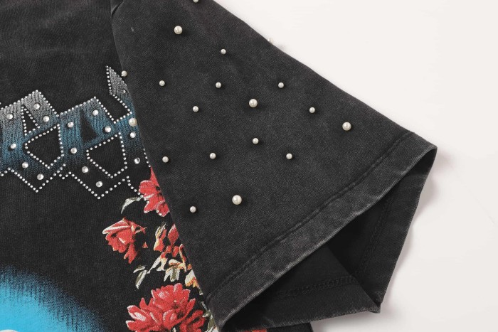 Retro Dark Space Gothic Streetwear Front Astronaut Skeleton Rose Bush Rhinestone Gothic Letter Print Single Side T-Shirt 2 colors 29348018