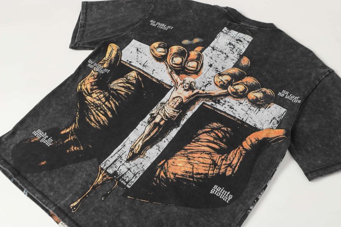 Blindfolded Cherub Sword Rhinestone Gothic Letter Print Back Crackle White Cross Jesus Skeleton Hand T-Shirt 29348120