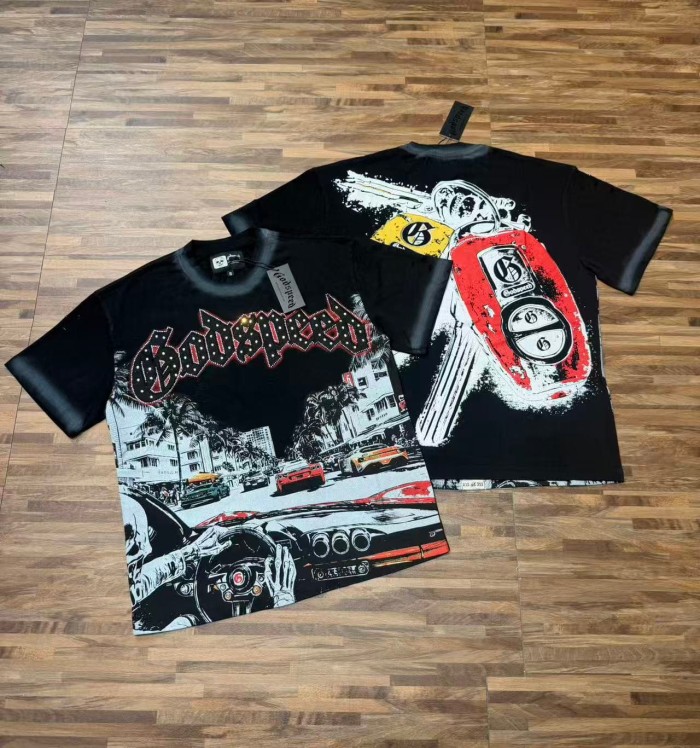 Miami Racing Streetwear Front Palm Tree City Sports Car Steering Wheel Rhinestone Gothic Letter Print T-Shirt 2 colors 29347856