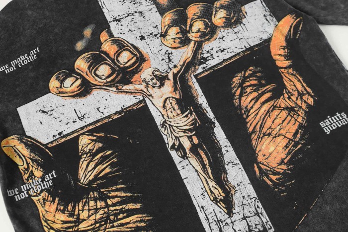Blindfolded Cherub Sword Rhinestone Gothic Letter Print Back Crackle White Cross Jesus Skeleton Hand T-Shirt 29348120