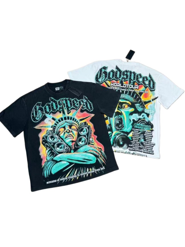 Retro Liberty Hip Hop Streetwear Front Liberty Statue Speaker Sunset Rhinestone Gothic Letter Print T-Shirt 2 colors 29347771