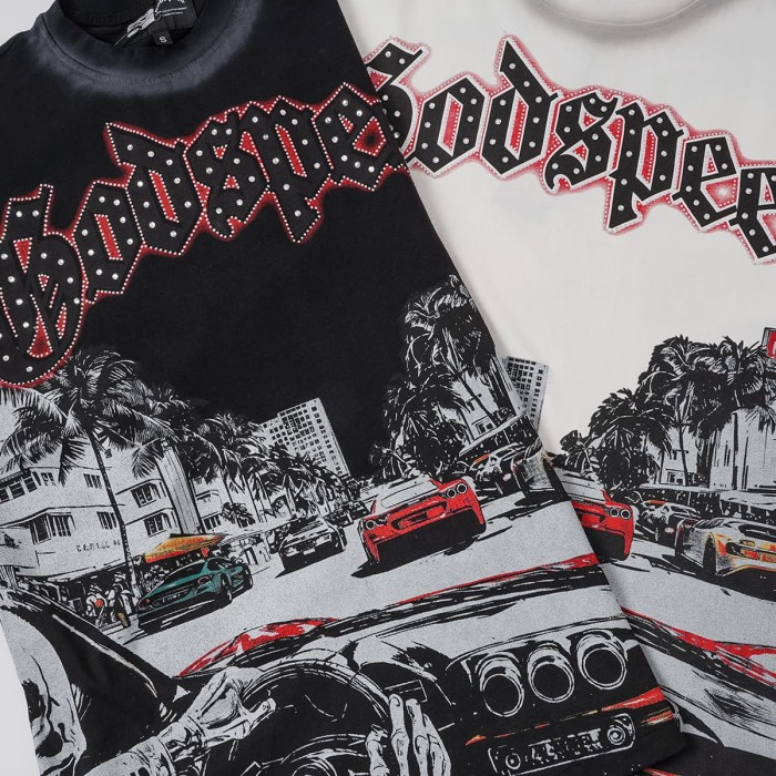 Miami Racing Streetwear Front Palm Tree City Sports Car Steering Wheel Rhinestone Gothic Letter Print T-Shirt 2 colors 29347856