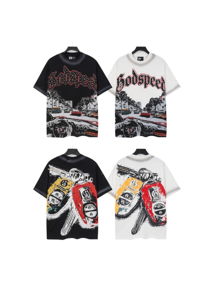 Miami Racing Streetwear Front Palm Tree City Sports Car Steering Wheel Rhinestone Gothic Letter Print T-Shirt 2 colors 29347856