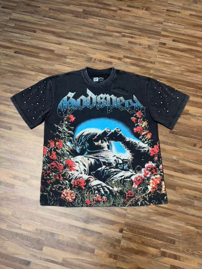 Retro Dark Space Gothic Streetwear Front Astronaut Skeleton Rose Bush Rhinestone Gothic Letter Print Single Side T-Shirt 2 colors 29348018