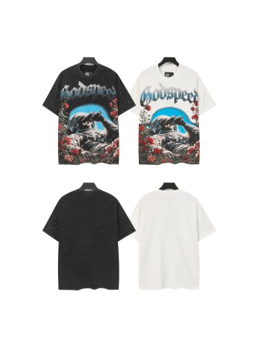 Retro Dark Space Gothic Streetwear Front Astronaut Skeleton Rose Bush Rhinestone Gothic Letter Print Single Side T-Shirt 2 colors 29348018