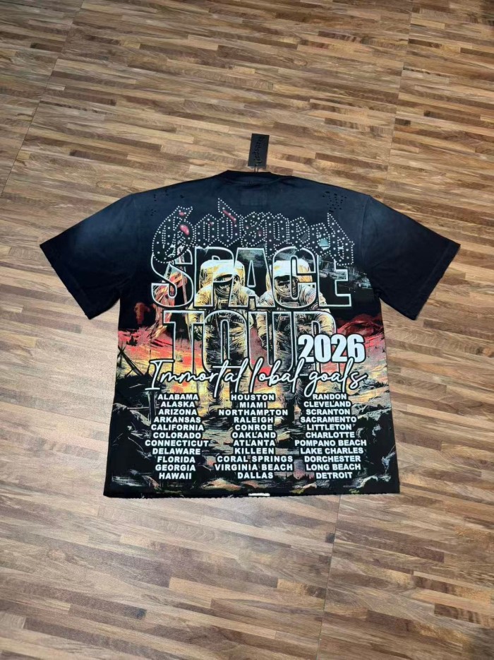 Retro Space Tour Streetwear Front Rhinestone Gothic Letter Moon Astronaut Alien Scene Print T-Shirt 2 colors 29347750