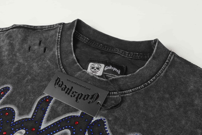 Blindfolded Cherub Sword Rhinestone Gothic Letter Print Back Crackle White Cross Jesus Skeleton Hand T-Shirt 29348120