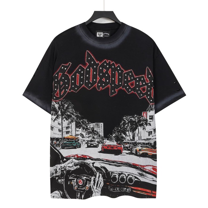 Miami Racing Streetwear Front Palm Tree City Sports Car Steering Wheel Rhinestone Gothic Letter Print T-Shirt 2 colors 29347856