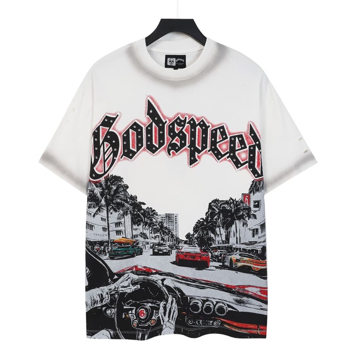 Miami Racing Streetwear Front Palm Tree City Sports Car Steering Wheel Rhinestone Gothic Letter Print T-Shirt 2 colors 29347856