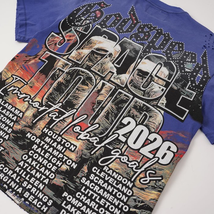 Retro Space Tour Streetwear Front Rhinestone Gothic Letter Moon Astronaut Alien Scene Print T-Shirt 2 colors 29347750