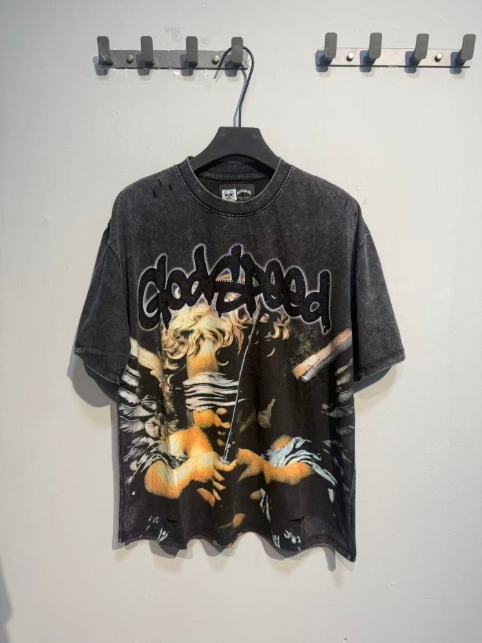 Blindfolded Cherub Sword Rhinestone Gothic Letter Print Back Crackle White Cross Jesus Skeleton Hand T-Shirt 29348120