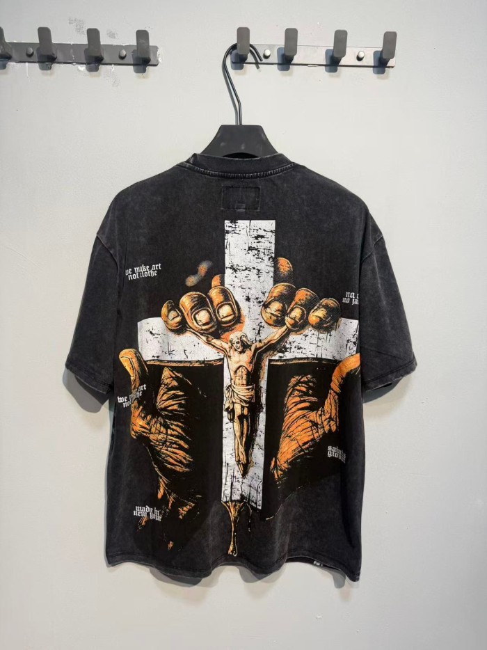 Blindfolded Cherub Sword Rhinestone Gothic Letter Print Back Crackle White Cross Jesus Skeleton Hand T-Shirt 29348120