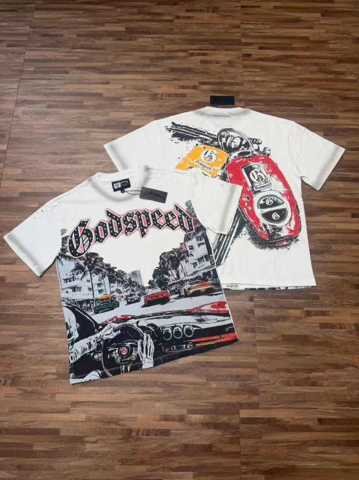 Miami Racing Streetwear Front Palm Tree City Sports Car Steering Wheel Rhinestone Gothic Letter Print T-Shirt 2 colors 29347856