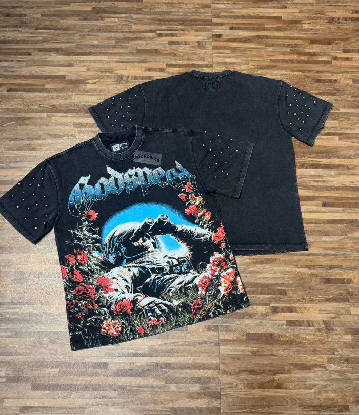 Retro Dark Space Gothic Streetwear Front Astronaut Skeleton Rose Bush Rhinestone Gothic Letter Print Single Side T-Shirt 2 colors 29348018