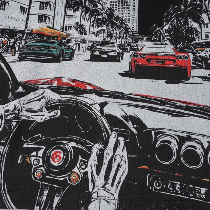 Miami Racing Streetwear Front Palm Tree City Sports Car Steering Wheel Rhinestone Gothic Letter Print T-Shirt 2 colors 29347856