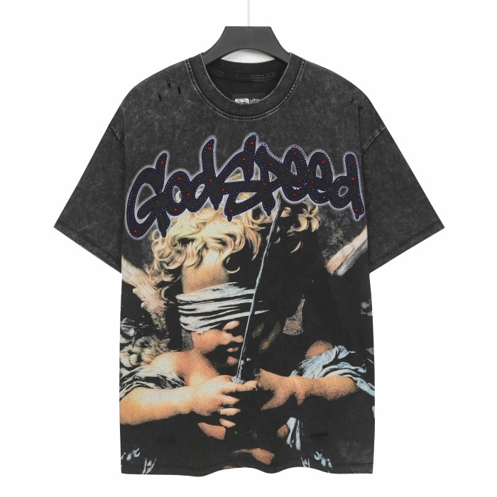 Blindfolded Cherub Sword Rhinestone Gothic Letter Print Back Crackle White Cross Jesus Skeleton Hand T-Shirt 29348120