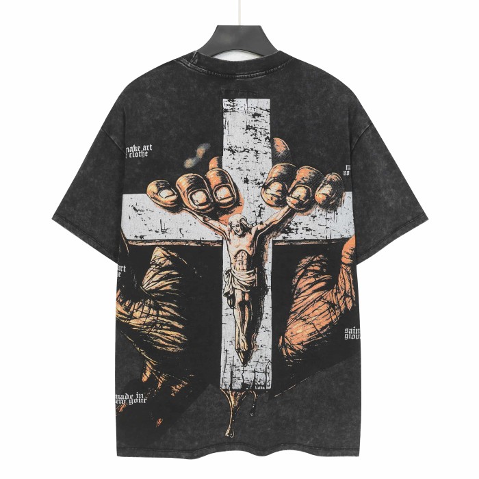 Blindfolded Cherub Sword Rhinestone Gothic Letter Print Back Crackle White Cross Jesus Skeleton Hand T-Shirt 29348120