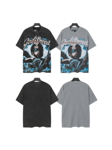 Retro Cupid Angel Streetwear Front Winged Blindfolded Kid Archer Horse Thunder Rhinestone Gradient Letter Print T-Shirt 2 colors 29348026