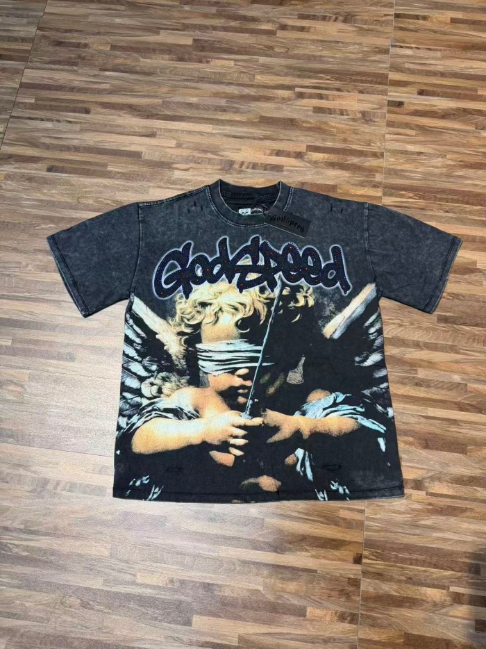 Blindfolded Cherub Sword Rhinestone Gothic Letter Print Back Crackle White Cross Jesus Skeleton Hand T-Shirt 29348120