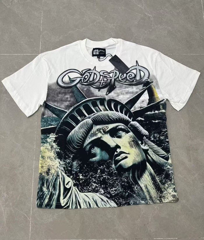 Grunge Patriotic Hip Hop Streetwear Front Silver Outline Gothic Script Statue Of Liberty Monochrome Portrait Single Sided Graphic T-Shirt 2 colors 29349542