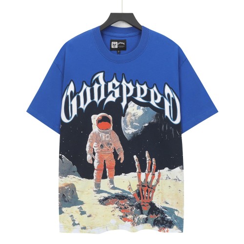 Hip Hop Streetwear Front White Outline Gothic Script Astronaut Skeleton Hand Moon Surface Distressed Graphic T-Shirt 29349560
