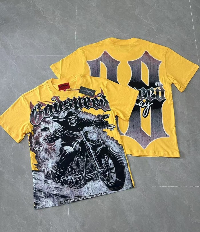 Grunge Biker Hip Hop Streetwear Front Red Outline Gothic Font Hooded Skeleton Rider Vintage Motorcycle Smoke Distressed Graphic T-Shirt 2 colors 29349512