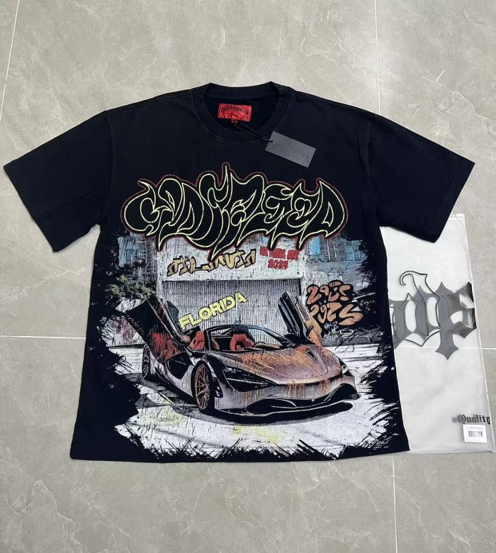 Hip Hop Streetwear Front Lime Outline Graffiti Script Classic Sports Car City Wall Graffiti Distressed Graphic T-Shirt 2 colors 29349547