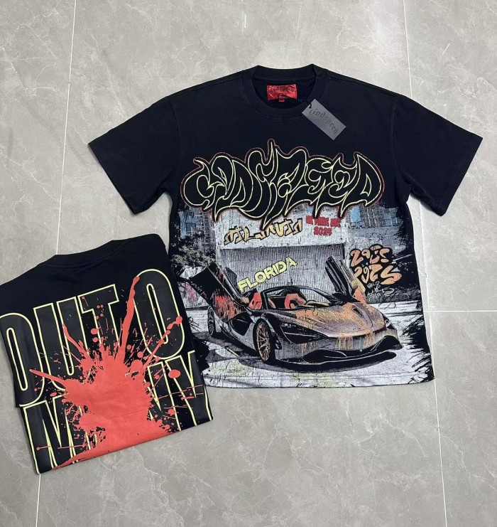 Hip Hop Streetwear Front Lime Outline Graffiti Script Classic Sports Car City Wall Graffiti Distressed Graphic T-Shirt 2 colors 29349547
