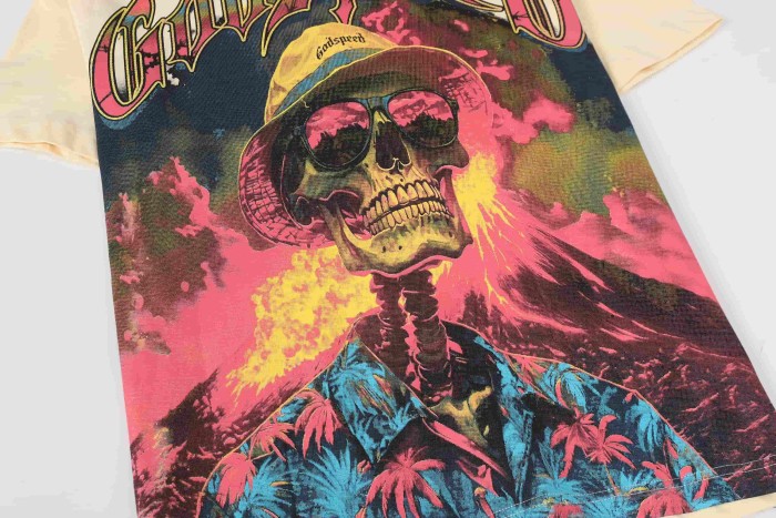 West Coast Chicano Beach Fashion Front Chest Gradient Monogram Back Large Gothic Skeleton Palm Shirt Volcano Smoke Graphic T-Shirt 2 colors 29349532
