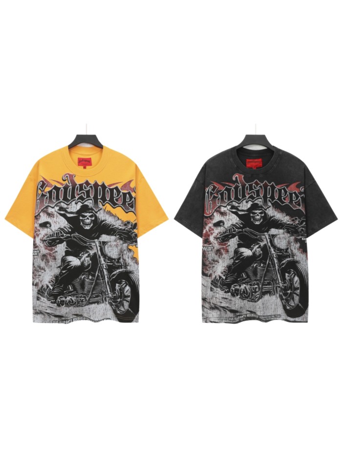 Grunge Biker Hip Hop Streetwear Front Red Outline Gothic Font Hooded Skeleton Rider Vintage Motorcycle Smoke Distressed Graphic T-Shirt 2 colors 29349512