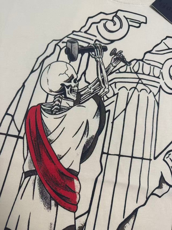 West Coast Chicano Vintage Fashion Front Skeleton Sculptor Hammer Roman Column Ruins Line Art Print T-Shirt 2 colors 29349514