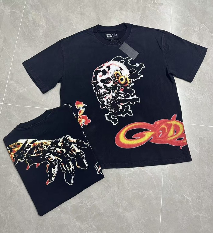 Grunge Industrial Hip Hop Streetwear Front Red Gold Gradient Outline Gothic Gear Skull Smoke Graphic T-Shirt 2 colors 29349562