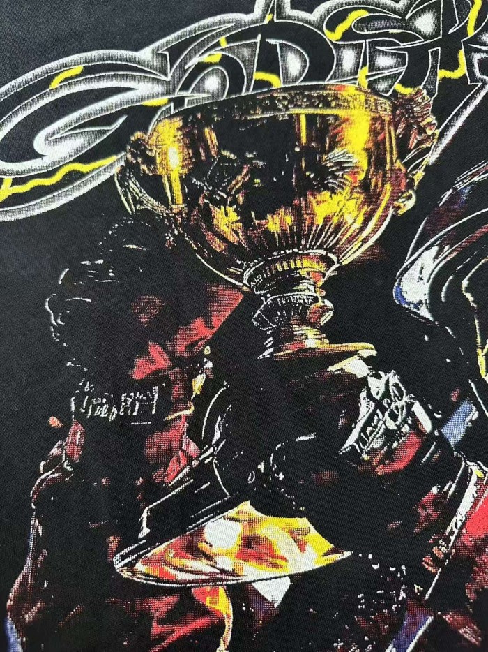 Hip Hop Streetwear Front Yellow Outline Gothic Font Helmet Skeleton Racer Holding Trophy Race Track Light Graphic T-Shirt 2 colors 29349534