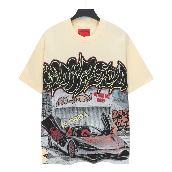 Hip Hop Streetwear Front Lime Outline Graffiti Script Classic Sports Car City Wall Graffiti Distressed Graphic T-Shirt 2 colors 29349547