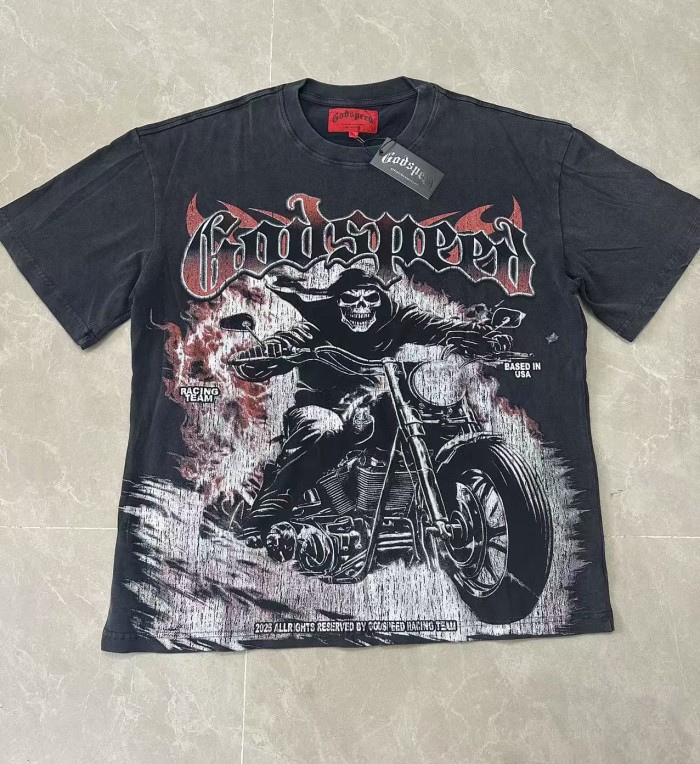 Grunge Biker Hip Hop Streetwear Front Red Outline Gothic Font Hooded Skeleton Rider Vintage Motorcycle Smoke Distressed Graphic T-Shirt 2 colors 29349512