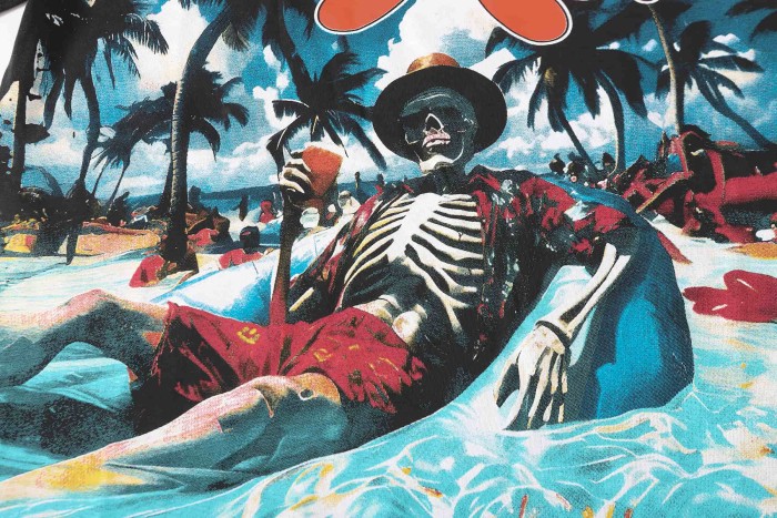 Gradient Graffiti Script Cowboy Skeleton Lounging Beach Palm Tree Water GraphicT-Shirt 2 colors 29349540
