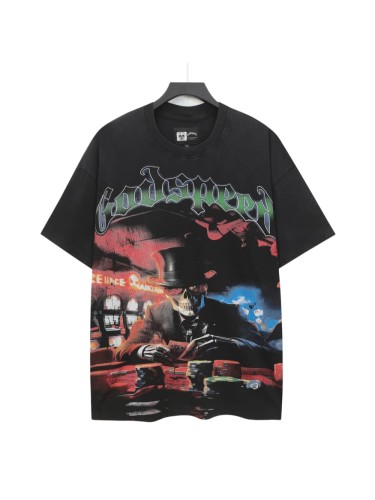 90s Grunge Western Hip Hop Streetwear Front Gradient Gothic Script Top Hat Skeleton Poker Chip Casino Scene T-Shirt 29349543