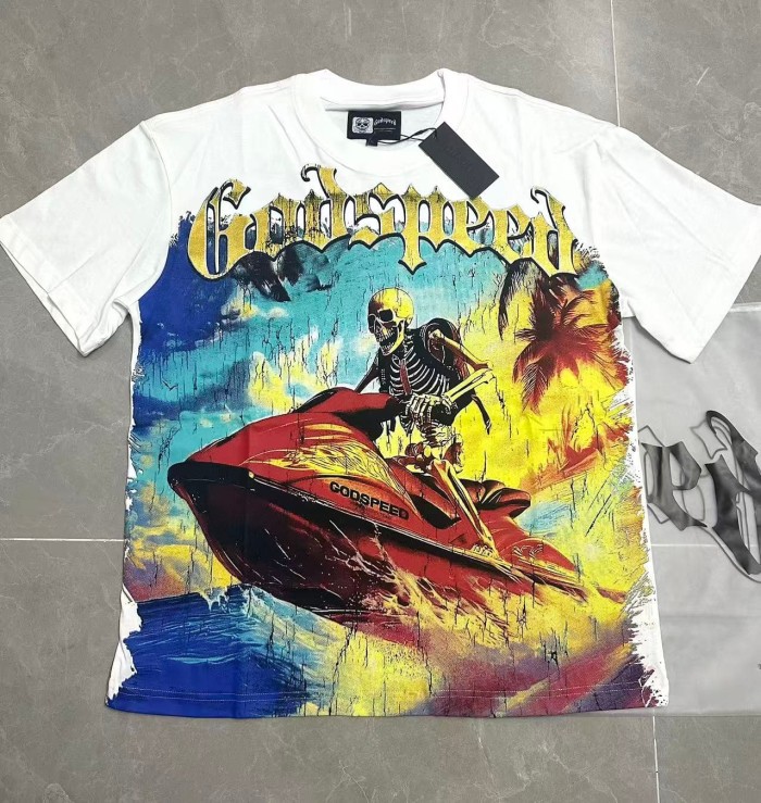 Grunge Coastal Hip Hop Streetwear Front Gradient Gothic Script Skeleton Rider Red Jet Ski Palm Tree Ocean Cracked Graphic T-Shirt 2 colors 29349516