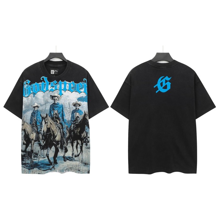 Hip Hop Streetwear Front Bright Blue Outline Gothic Font Three Cowboy Skeletons Riding Horses Desert Distressed Graphic T-Shirt 2 colors 29349548