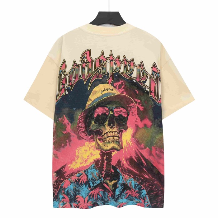 West Coast Chicano Beach Fashion Front Chest Gradient Monogram Back Large Gothic Skeleton Palm Shirt Volcano Smoke Graphic T-Shirt 2 colors 29349532