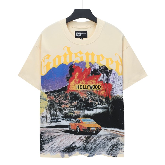 Yellow Outline Gothic Script Vintage Sports Car Hollywood Sign Palm Tree Distressed Landscape Graphic T-Shirt 2 colors 29349537