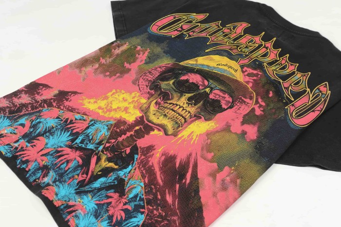 West Coast Chicano Beach Fashion Front Chest Gradient Monogram Back Large Gothic Skeleton Palm Shirt Volcano Smoke Graphic T-Shirt 2 colors 29349532