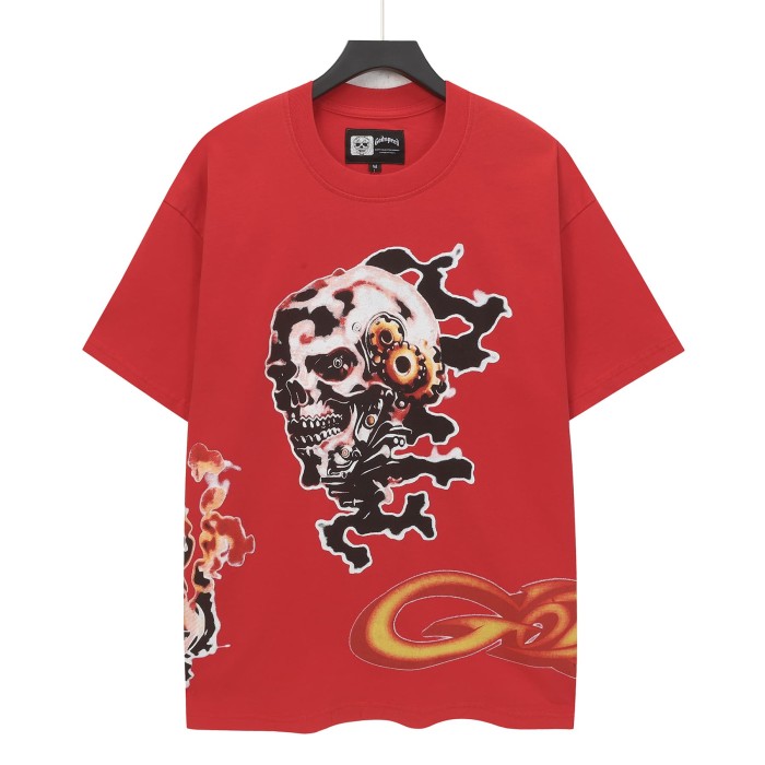 Grunge Industrial Hip Hop Streetwear Front Red Gold Gradient Outline Gothic Gear Skull Smoke Graphic T-Shirt 2 colors 29349562