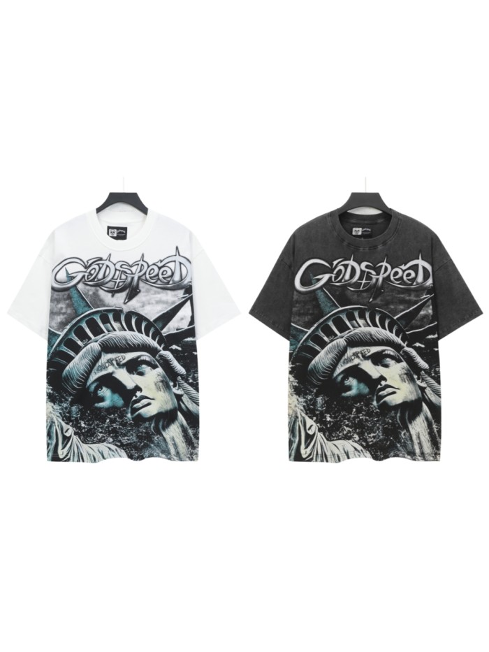 Grunge Patriotic Hip Hop Streetwear Front Silver Outline Gothic Script Statue Of Liberty Monochrome Portrait Single Sided Graphic T-Shirt 2 colors 29349542