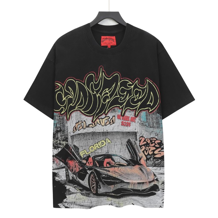 Hip Hop Streetwear Front Lime Outline Graffiti Script Classic Sports Car City Wall Graffiti Distressed Graphic T-Shirt 2 colors 29349547