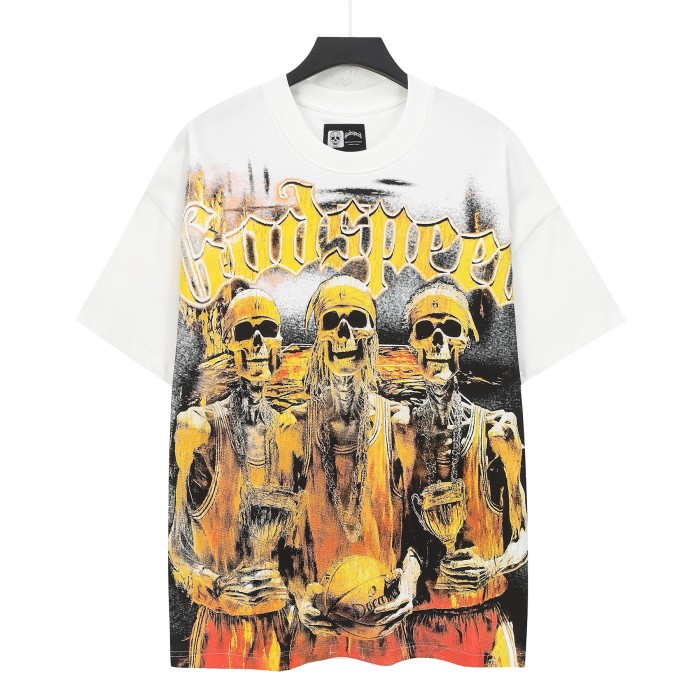 Rap Streetwear Front Gold Gradient Gothic Script Three Skeleton Basketball Players Trophy Ball Distressed T-Shirt 2 colors 29349506